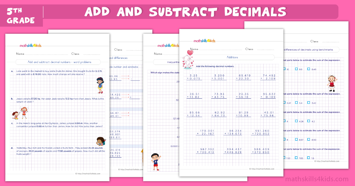 Fifth-Grade Math Worksheets with Answers Pdf - add and subtract decimals worksheets for grade 5