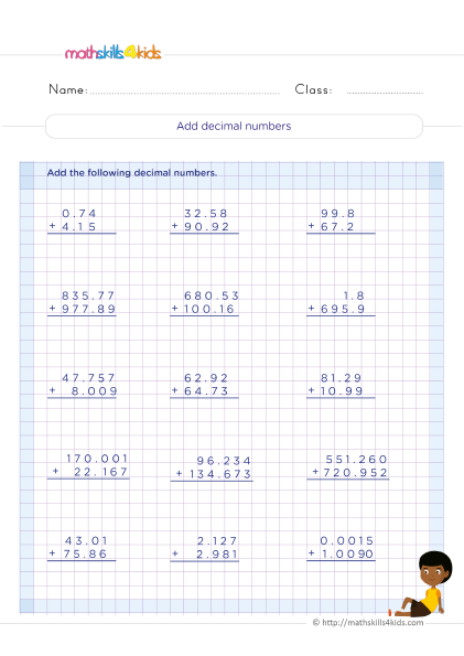 5th Grade Math worksheets with answers - Adding decimals practice - How to add decimal number