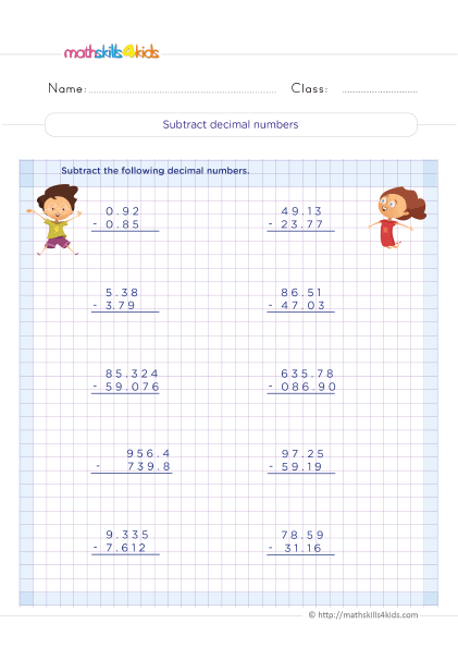 Grade 5 Adding and subtracting decimals worksheets: Free & printable - Subtraction of decimals practice - How to subtract decimal number