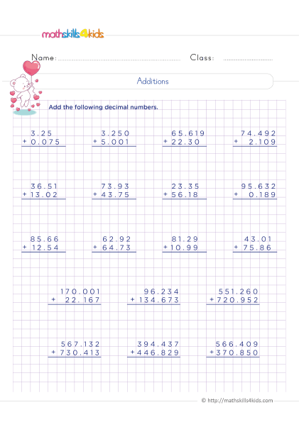 Grade 5 Adding and subtracting decimals worksheets: Free & printable - Subtraction of decimals practice - How to subtract decimal number