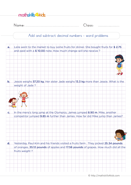Fifth-Grade Math Worksheets with Answers Pdf - Addition and subtraction of decimals word problems with answers