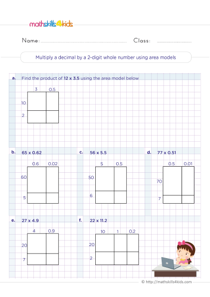 Printable Grade 5 math worksheets with answers: Multiplying decimal - multiplying decimals by 2 digit whole numbers