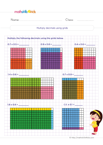 Printable Grade 5 math worksheets with answers: Multiplying decimal - Multiplying decimals with grids - Multiplying a decimal by a decimal using a hundredths grid