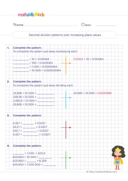 Dividing decimals made easy: Top 5 worksheets for fifth graders - Solving decimal division patterns over increasing place values