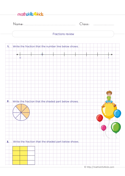 Grade 5 fractions worksheets: Convert mixed numbers & improper fractions - Fraction review - What are fractions