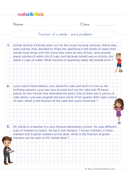Grade 5 fractions worksheets: Convert mixed numbers & improper fractions - How to find a fraction of a whole word problems practice