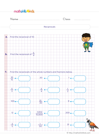 Grade 5 fractions worksheets: Convert mixed numbers & improper fractions - Understand what does a reciprocal of a fraction mean