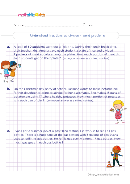 Grade 5 fractions worksheets: Convert mixed numbers & improper fractions - understanding fractions as division word problems