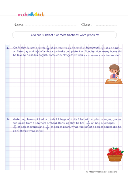 Adding and subtracting fractions worksheets for Grade 5 - Adding and subtracting 3 or more fractions word problems