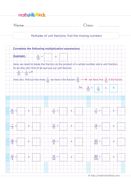 Fifth-Grade Math Worksheets with Answers Pdf - multiplying unit fractions find the missing numbers