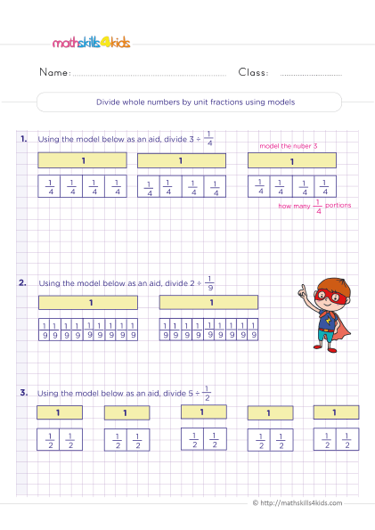 Printable Grade 5 worksheets with answers: Dividing fractions - dividing whole numbers by unit fractions using models