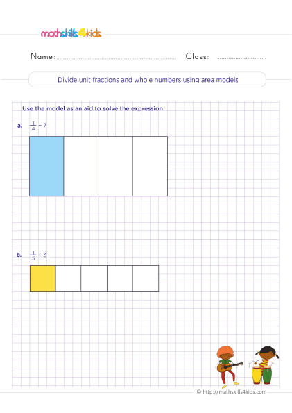 Printable Grade 5 worksheets with answers: Dividing fractions - Dividing unit fractions with whole numbers using area models