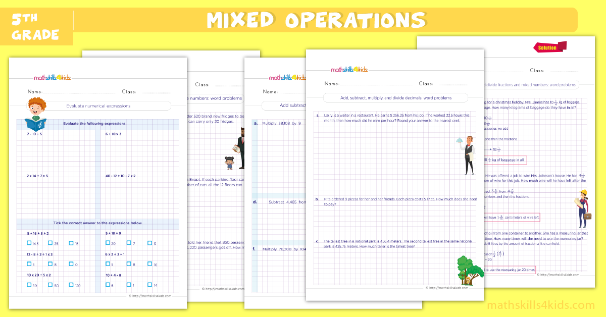 Fifth-Grade Math Worksheets with Answers Pdf - mixed operations worksheets for grade 5