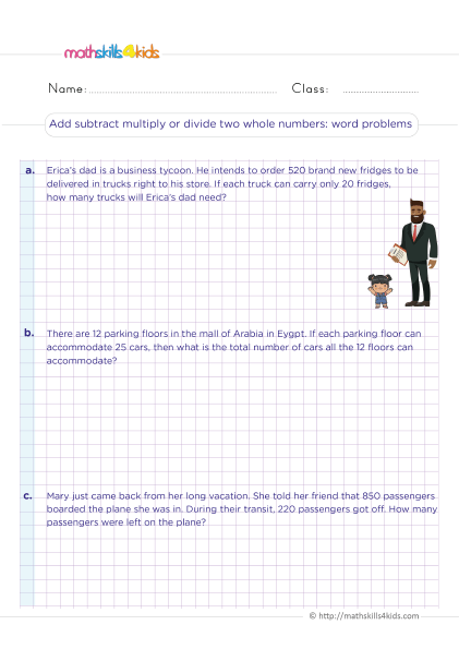 Mastering mixed operations: Grade 5 math worksheets - Add subtract multiply divide two whole numbers word problems