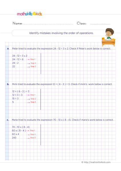 5th Grade Math worksheets with answers - order of operations find the mistake - Identifying mistakes involving the order of operations
