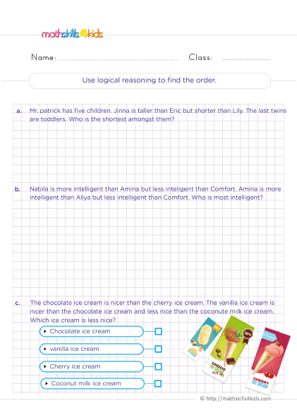 5th Grade math problems worksheets with answers: Practice makes perfect - Using of logical and analytical reasoning to find the order
