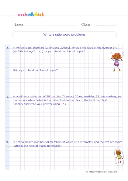 5th Grade Math worksheets with answers - Write a ratio word problems