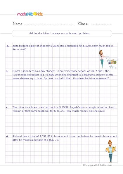 Fifth-Grade Math Worksheets with Answers Pdf - Adding and subtracting money amounts word problems