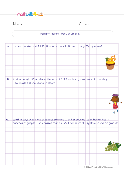 Grade 5 money math worksheets: Word problems with solutions - How to solve multiplication money amounts word problems?