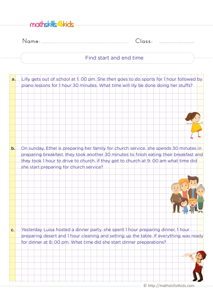 5th-Grade math time worksheets: Elapsed time word problems and more - Time word problems findind start and end time