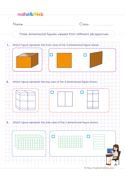 Fifth-Grade Math Worksheets with Answers Pdf - Front, Top, and Side Views of 3D Shapes