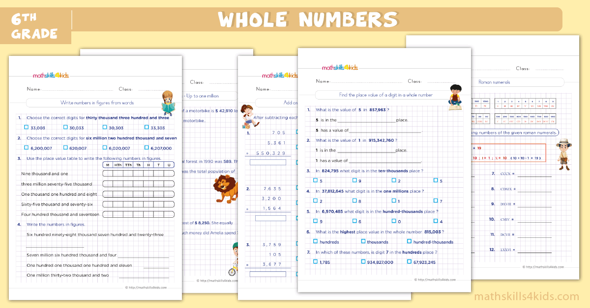 Ace 6th Grade math with interactive games and free worksheets - whole numbers worksheets