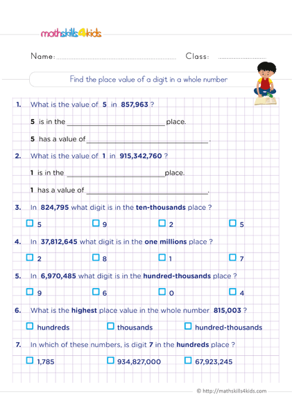 Grade 6 whole number worksheets: Roman numerals, Place Value, Spelling, Add & Subtract - The place value of digits in whole numbers