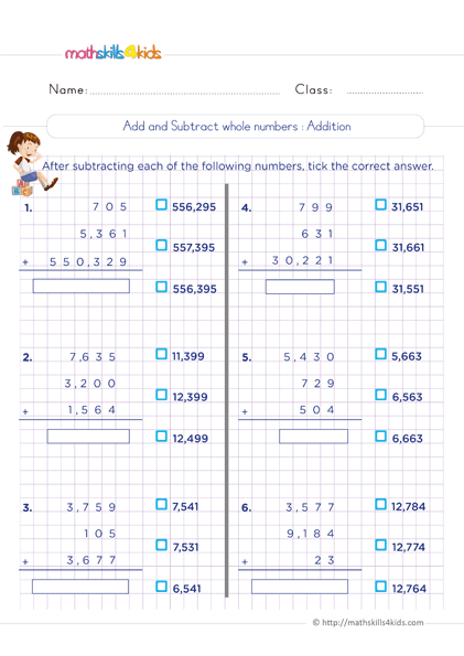Free printable addition worksheets for kids for 5th and 6th grade - Adding whole numbers