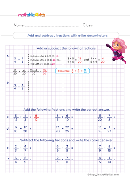6th Grade adding and subtracting fractions: Free printable worksheets - add and subtract fractions with unlike denominators