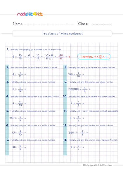 6th Grade multiplying fractions worksheets with answers - fractions of whole number exercises