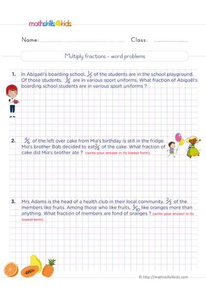 6th Grade multiplying fractions worksheets with answers - Multiplication of fractions word problems