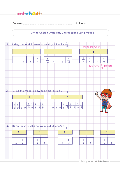 6th Grade math dividing fractions worksheets: Free download - divide whole numbers by unit fractions using models