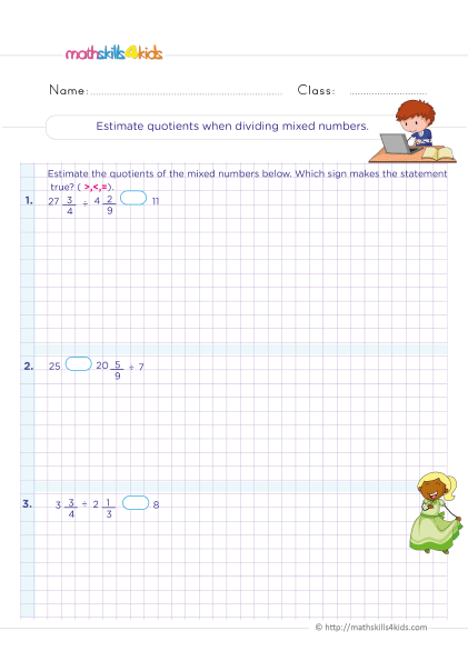6th Grade math dividing fractions worksheets: Free download - estimate quotients when dividing mixed numbers