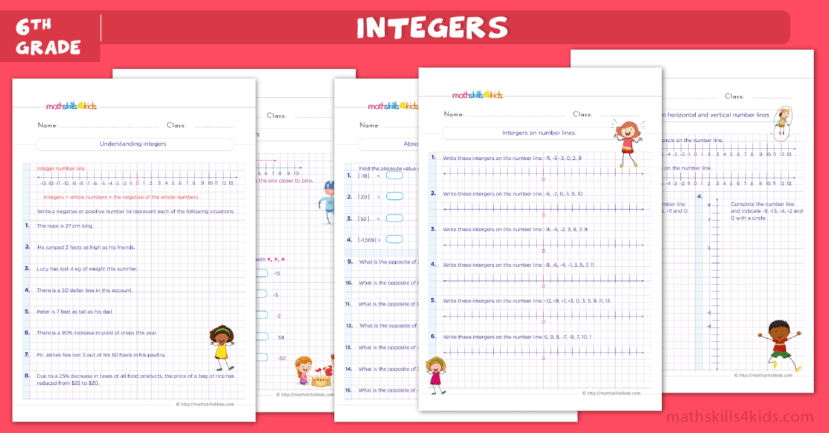 Grade 6 integers worksheets: Graphing and comparing integers
