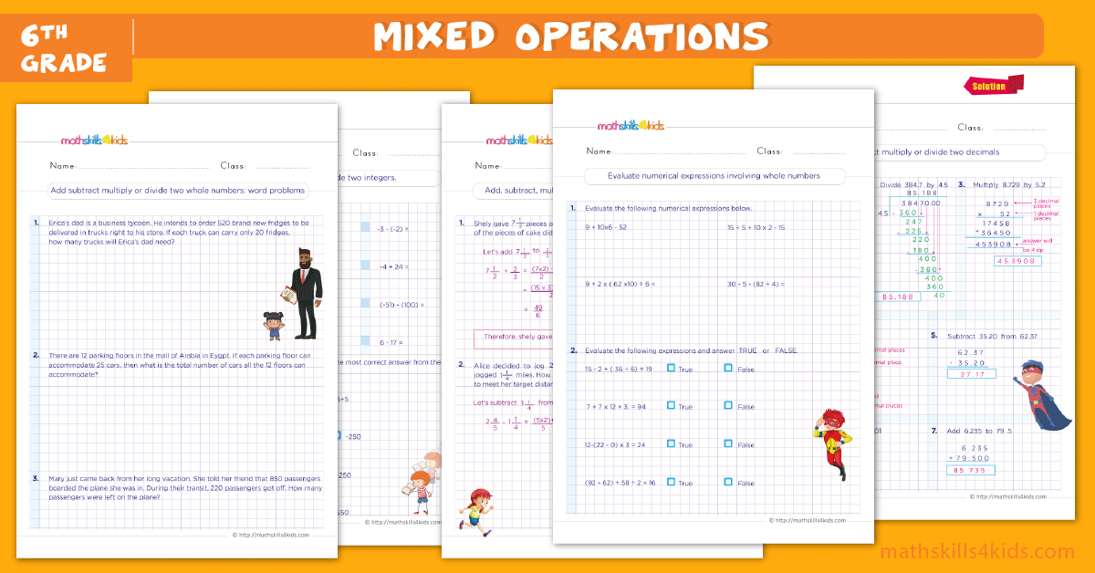 6th grade mixed operation worksheets