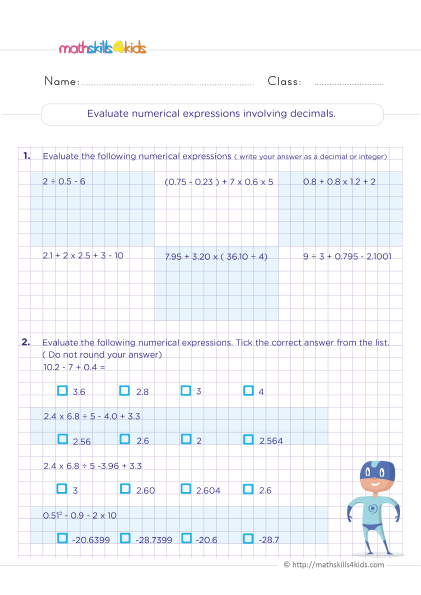 6th Grade mixed operations made easy: Free printable worksheets - Evaluating expressions with decimals