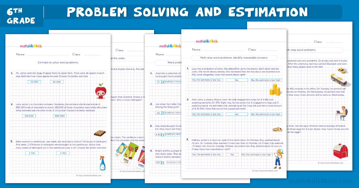 grade 6 math worksheets - problem solving and estimation