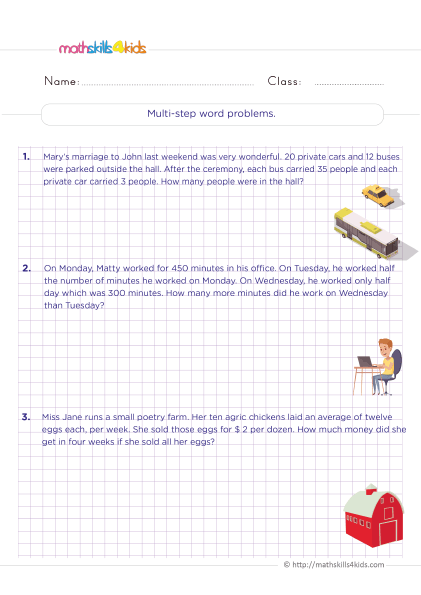 6th Grade Math worksheets - Multi step addition subtraction Multiplication and division word problems