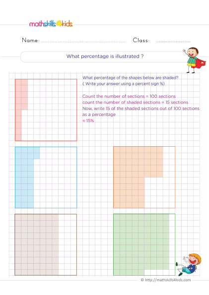 Grade 6 Math Skills: Fun and educational percentages worksheets - Interpret percentages with percent grids - illustrated percentages - percent modles
