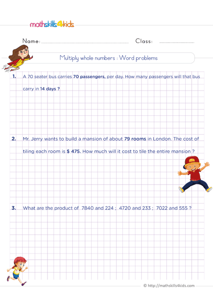 6th Grade math worksheets: Multiplication of whole numbers - Multiplying whole numbers word problems