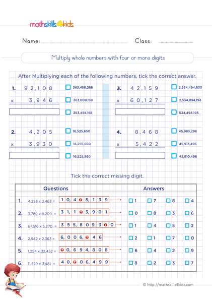 6th Grade math worksheets: Multiplication of whole numbers - Whole numbers multiplication with more than three digit