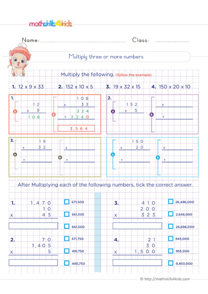 6th Grade math worksheets: Multiplication of whole numbers - How to multiply three or more numbers