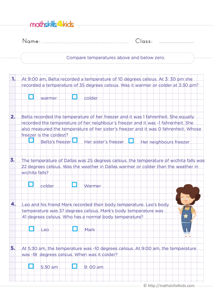 6th Grade measuring units worksheets: Free Download - Compare temperature: negative and positive number comparison