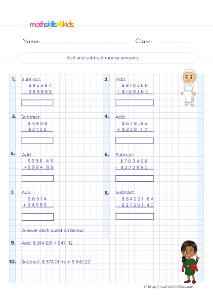 Money math worksheets for 6th grade - adding and subtracting money amount