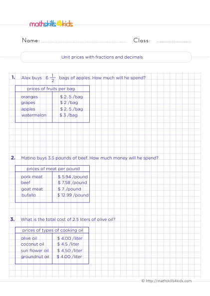 6th Grade consumer math worksheets: Budgeting, Saving, and Spending - unit price with fractions and decimals