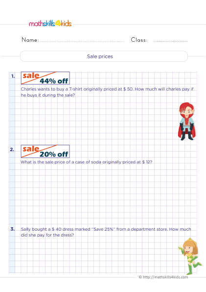 6th Grade consumer math worksheets: Budgeting, Saving, and Spending - How to find the original price of a discount - sale prices