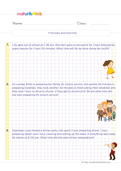 Time for Fun: 6th Graders measuring and telling time worksheets - finding start and end time