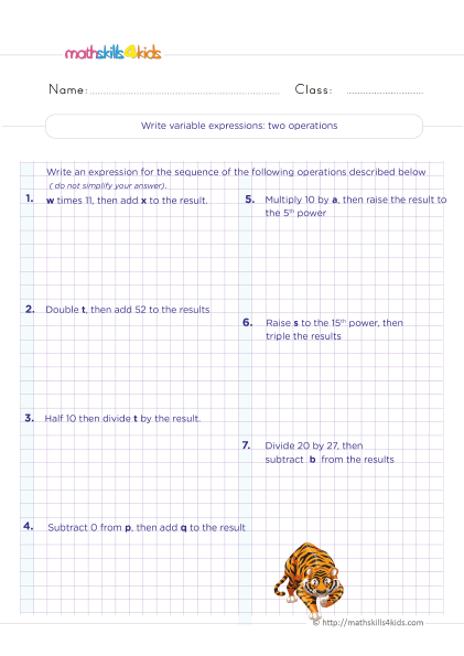 Algebraic expressions worksheets for 6th Graders: Learn and Practice - Writing algebraic expressions with two variables