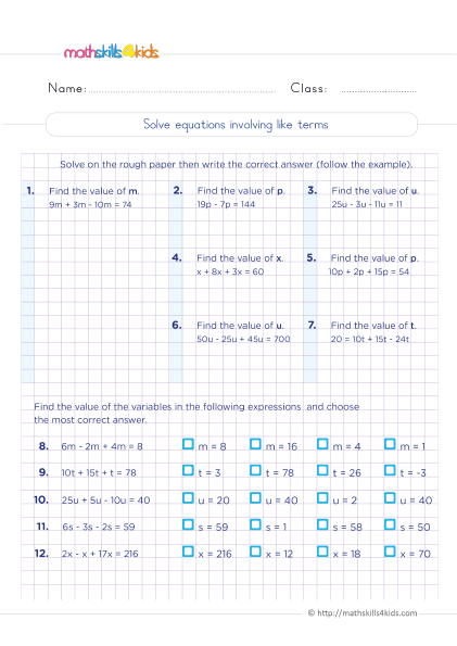 6th-grade basics equations worksheet: One-Step, One-Variable, and Linear Equations - How to solve equations involving like terms