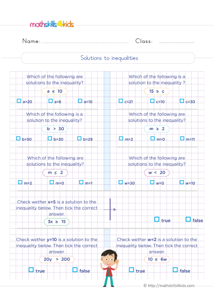 Solve and graph equation & inequalities for 6th grade: Worksheets, Tips & Tricks - Solutions to inequalities